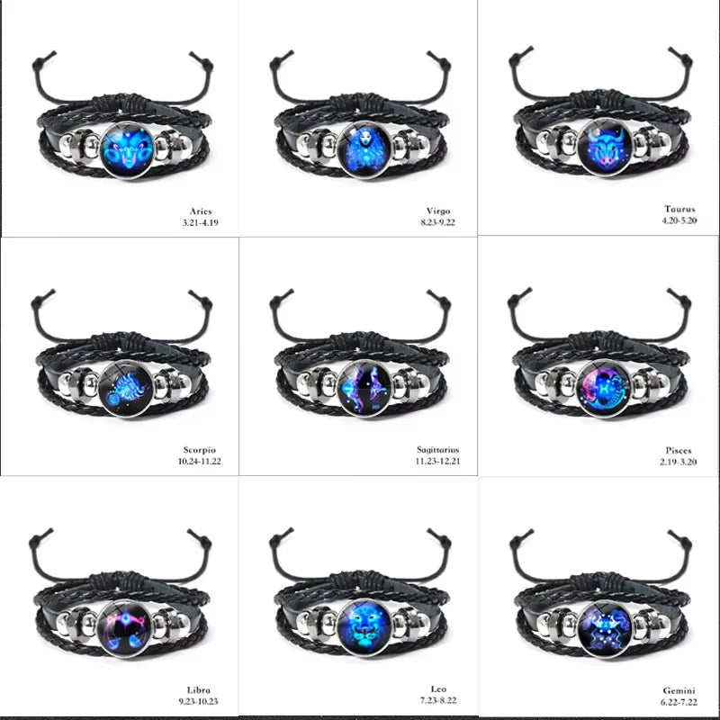 Zodiac Sign Luminous Leather Bracelet