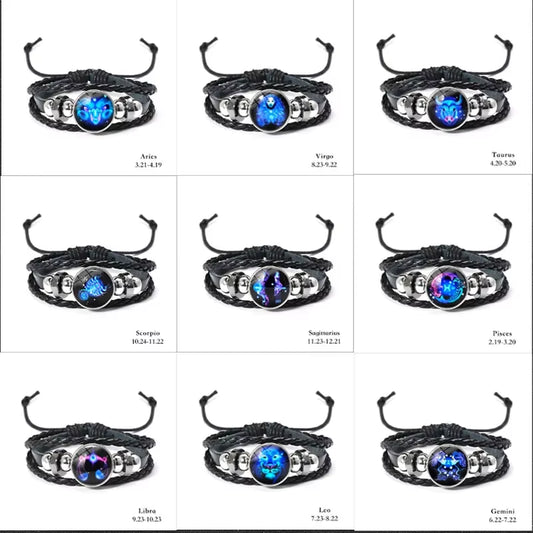 Zodiac Sign Luminous Leather Bracelet