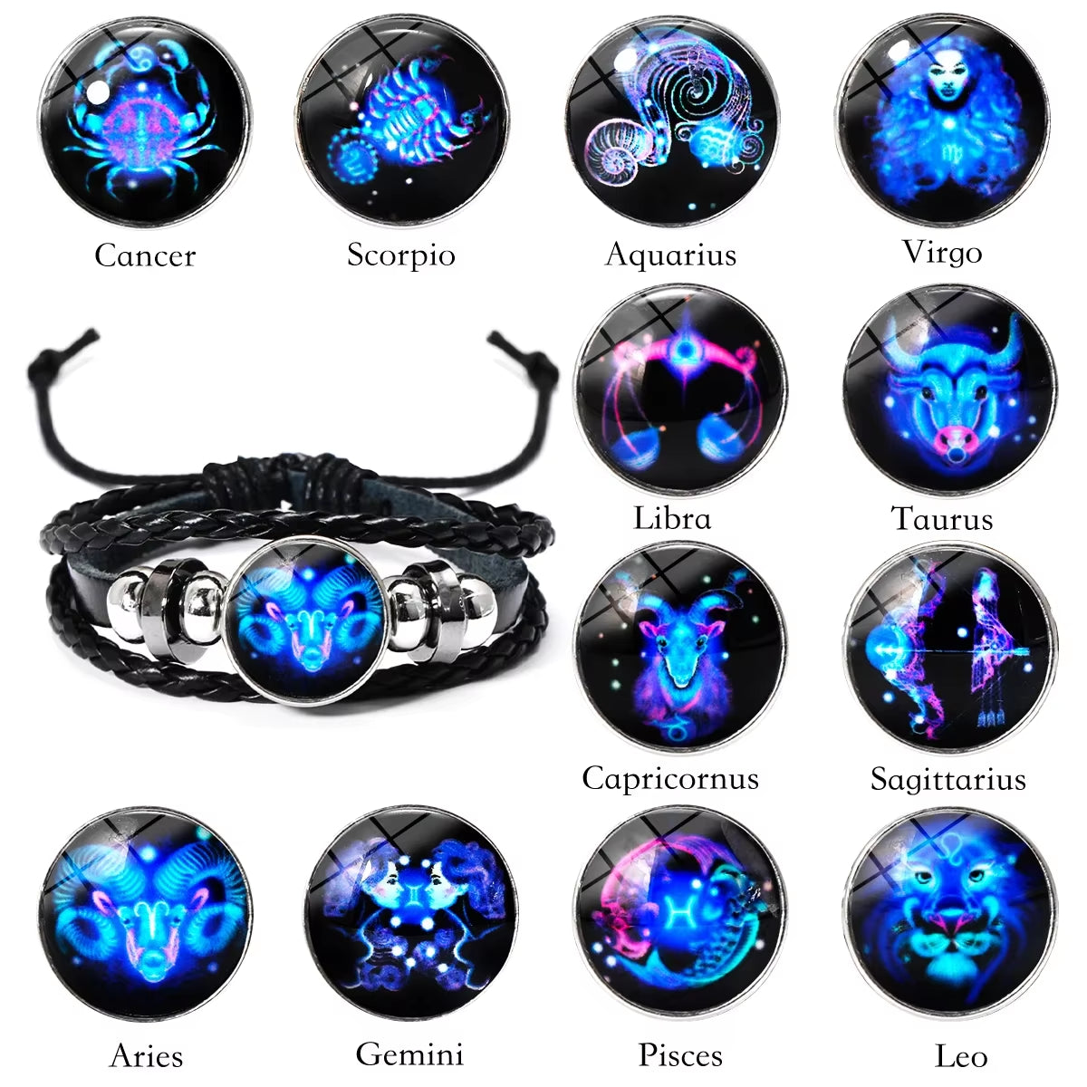 Zodiac Sign Luminous Leather Bracelet